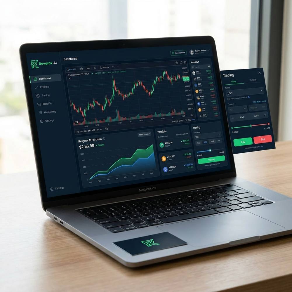 Plataforma Revgrox AI — interfaz de trading con asistente inteligente, gráficos en tiempo real y un panel de control multiactivo