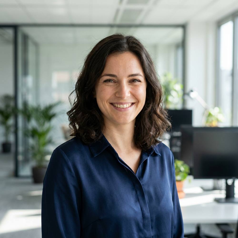 Revgrox AI client advisor with a headset in a corporate office beside a branded screen