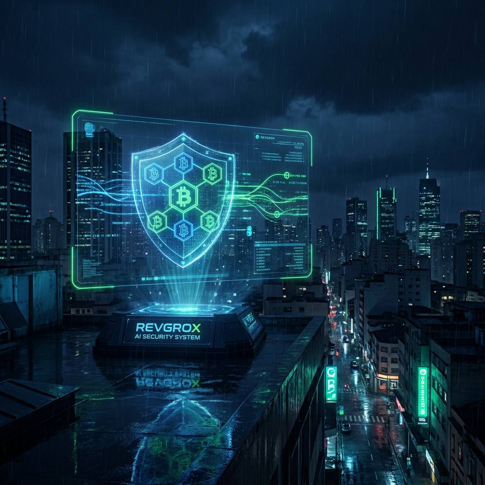 Seguridad de Revgrox AI — un candado inteligente y un escudo neuronal que protegen los activos digitales en una red global
