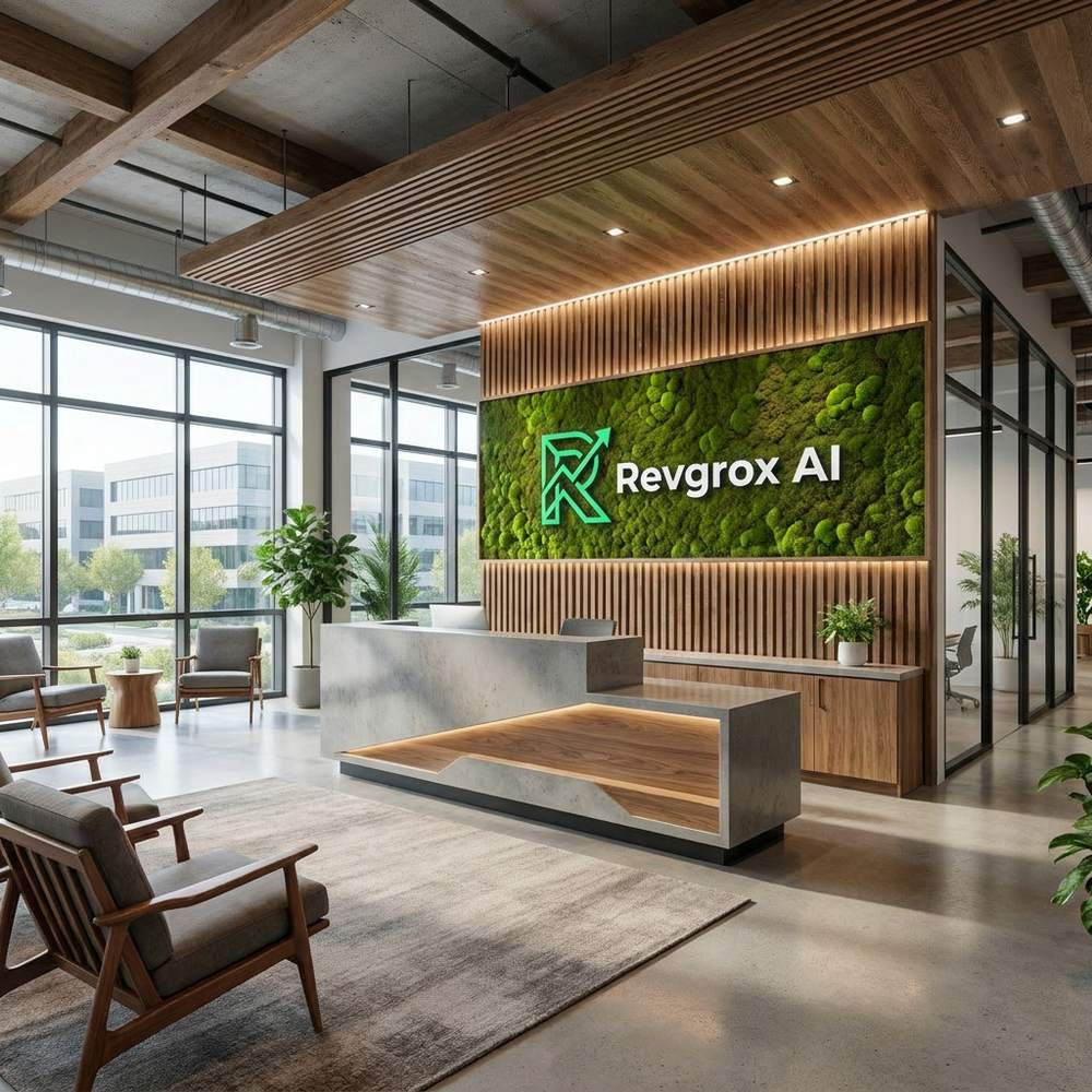 Revgrox AI Hauptsitz — ein modernes Empfangsbereich mit beleuchtetem Markenschild und arbeitendem Team