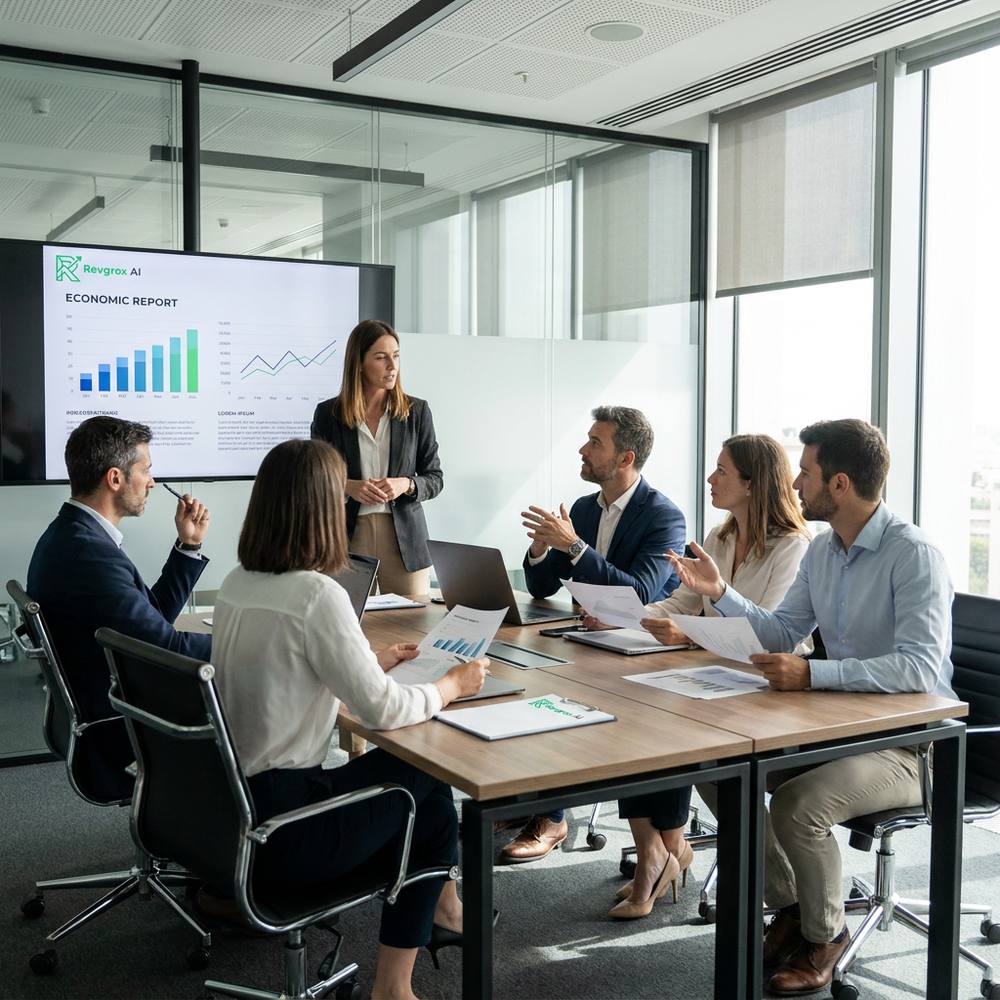 Revgrox AI Team in einem Strategiemeeting bei der Analyse von Märkten und Produkt-Roadmap